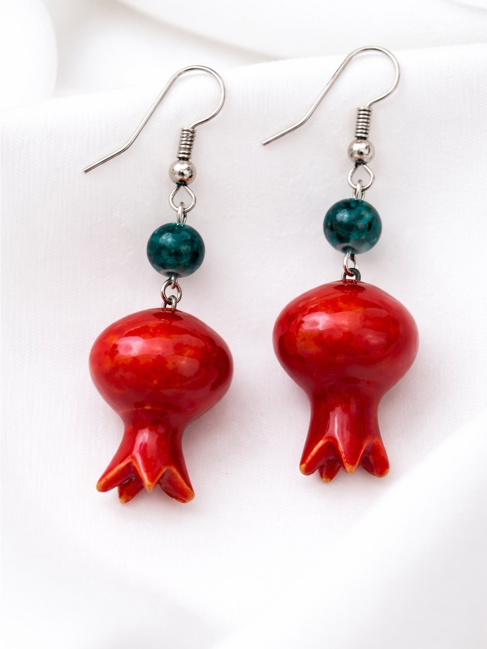 Red ceramic Pomegranate Dangle Earrings with Teal Bead